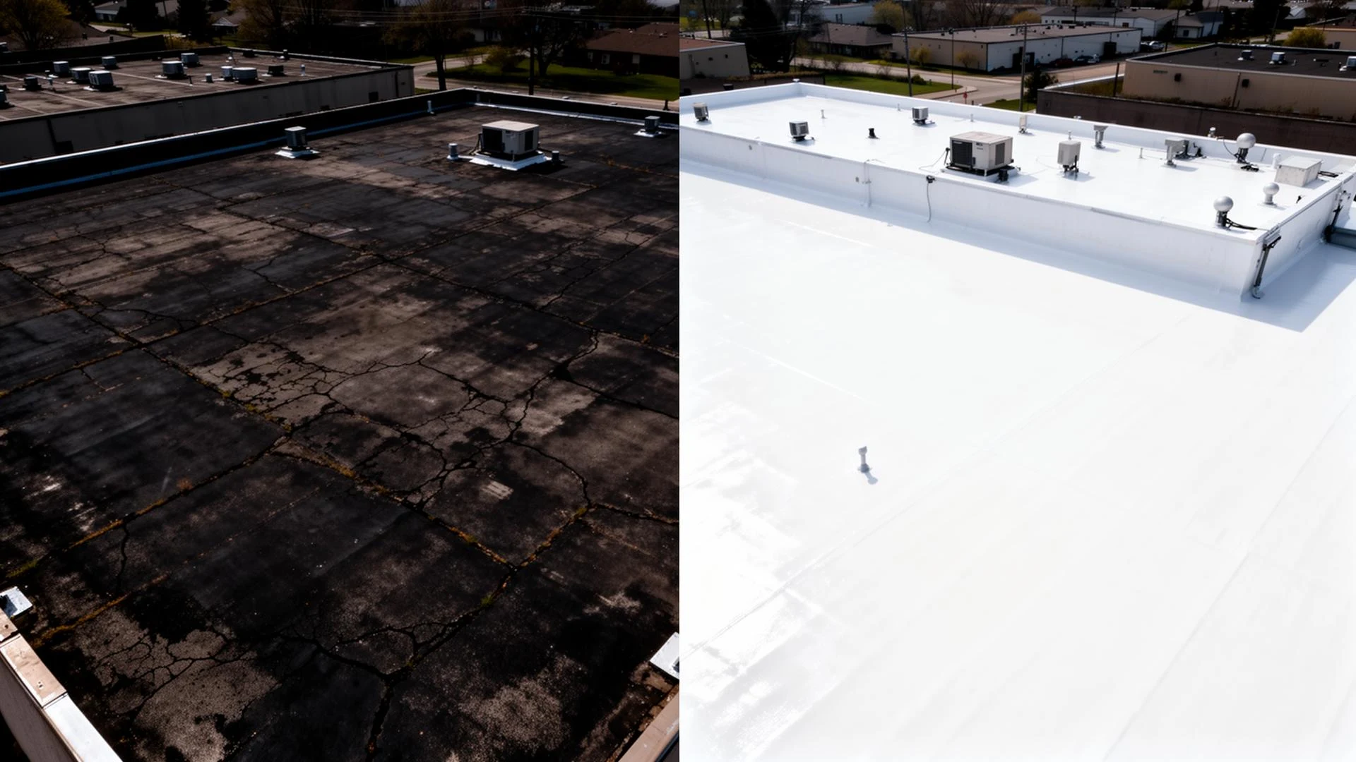 Before and after: aged commercial roof restored with a white VEXTRON cool roof coating